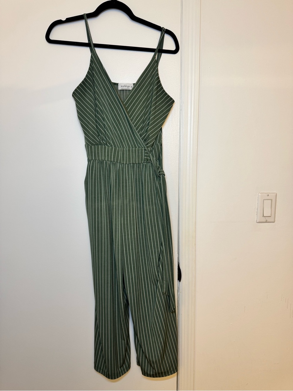 Kaileigh Olive Green Striped Wrap Jumpsuit